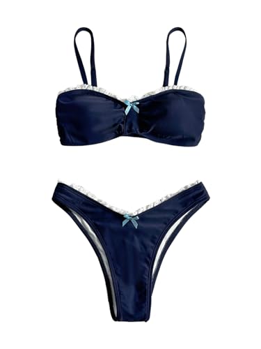 GORGLITTER Women's Bow Lace Trim Bikini Set Ruched High Cut Thong Swimsuit Bathing Suit Beach Fashion