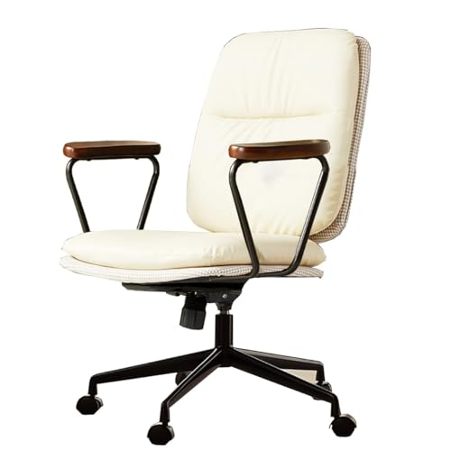 Leather Home Office Desk Chair, Upholstered Computer Chair Gaming Ergonomic Modern Task Chairs with Arms, Swivel Rolling Vanity Chair with Rocking Mode for Office,Bedroom(/Beige,B)