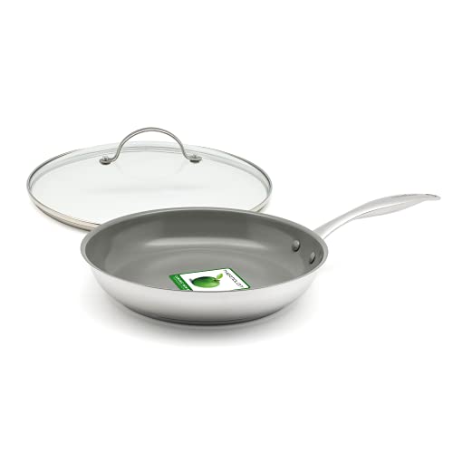 GreenChef Profile Plus Sartén Antiadherente de Acero Inoxidable con Revestimiento de Cerámica, Apto para Todo Tipo de Cocinas, 28 cm, Plateada + Tapa Universal de Vidrio Templado, 28 cm, Cristal Cover