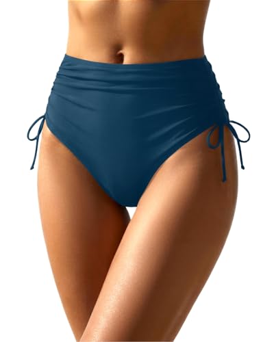 Image of Holipick Women's High Waisted Bikini Bottom | Tummy Control Ruched, Full Bum Coverage, Full Lining, Adjustable Drawstring Tie Side, Swimming, Beach