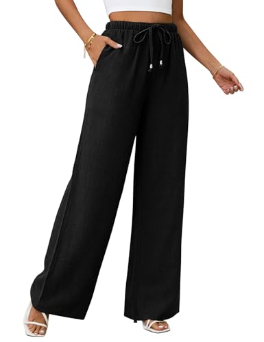 Oleda Linen Pants Women Flowy Wide Leg Pants High Waisted Casual Summer Pants Straight Leg Trousers Lounge Long Pants Black
