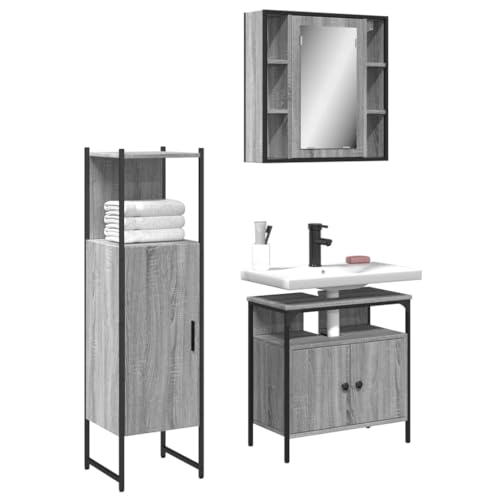 CFODOJ Juego de muebles de baño, juego de muebles de baño, 3 piezas, color gris, madera de ingeniería Sonoma