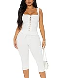 BDFSGS Two Piece Sets for Women Sexy Ribbed Lace up Top High Waist Bodycon Capri Pants for Women Summer Outfits Clubwear White XL