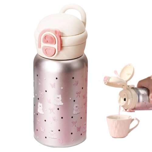Plata Termo, 500 ML Lazo Rosa Thermos, Taza Térmica infantil, Botella Agua Niños Acero Inoxidable, Taza de Viaje de Café a Prueba de Fugas, Interior de Acero Inoxidable, Para Café, Té y Deporte