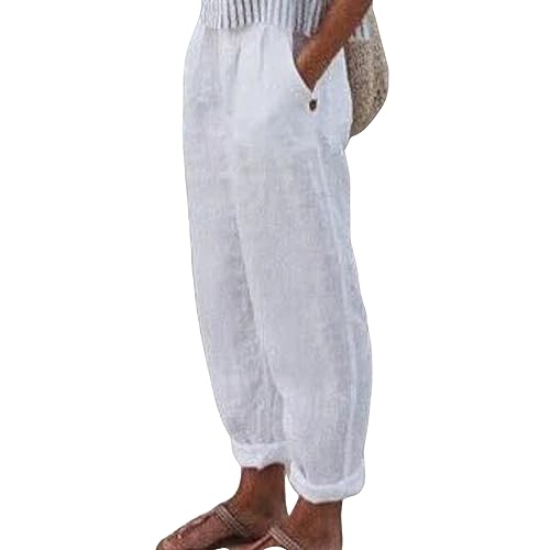 Cotton Linen Trousers Womens Solid Color Elasticated Waist Trousers Ladies Summer Lounge Pants Comfy Baggy Trouser Loose Fit Casual Straight Leg Bottoms with Pockets S-3XL White
