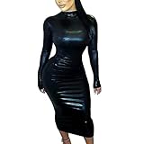 SHIPPOOOU Women Faux Leather Long Sleeve Midi Dress Sexy Mock Neck Bodycon Party Dresses Club Outfits Black