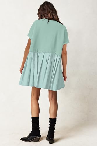 Image of SAUKOLE Womens Summer Crew Neck Short Sleeve Dress Patchwork Pleated A Line Beach Mini Dress