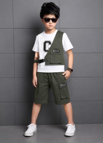 Image of Kids Boys 3-Piece Outfit Set | Half Sleeve T-Shirt, Utility Vest & Cargo Shorts with Cap | Stylish Casual Summer Clothing Set for Boys