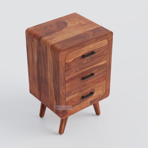 Image of DRIFTINGWOODb Alicia Solid Wood Bedside Table | Wooden Bed Side Tables with Drawers | Nightstand Side Table for Bedroom | Nigh Stand End Table with 3 Drawers Storage for Home | Honey Finish