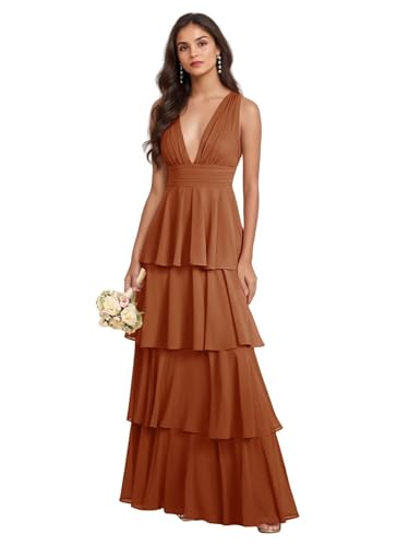 GATMAHE Tiered Chiffon Bridesmaid Dresses for Women Deep V Neck Ruffle A Line Long Formal Evening Dress