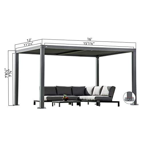 Domi Louvered Pergola 12' × 16', Outdoor Aluminium Pergola with Adjustable Roof, Curtains and Netting, Hardtop Gazebo for Patio, Deck, Garden, Yard, Beach(Gray) - Image 8
