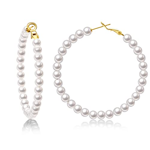 Boucles d'oreilles créoles perle pour femmes Boucles d'oreilles pendantes hypoallergéniques, boucles d'oreilles rondes ouvertes plaquées or 14K Bijoux cadeau d'anniversaire pour femmes filles Cover