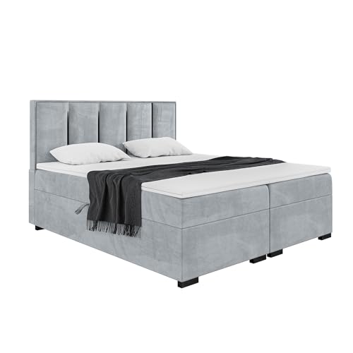 MEBLINI Boxspringbett mit Bettkasten - Gepolstert Doppelbett mit Matratze und Topper - Polsterbett mit Stauraum - Bett mit Kopfteil - Stauraumbett - Antonio Black - 200x220 - H4/Hellgrau Samt