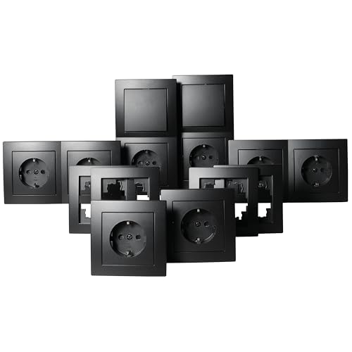 McPower Lichtschalter & Steckdosen Set Flair Standard | 20-teilig matt schwarz | 2x Wechselschalter 8x Steckdose 4x 2-fach Rahmen 6x 1-fach Rahmen