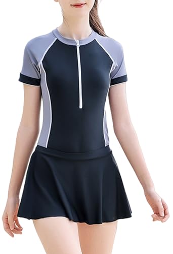 Girl Zipper Bathing Suits Sun Protection Rash Guard Swim Dress Short Sleeve Swimsuit Two Piece Sun Protection Beach Swimwear