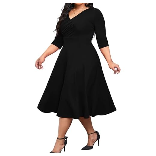 CLOCOR Women's Plus Size Midi Dress 3/4 Sleeve A-Line Swing Dress V Neck Flowy Casual Dresses Black 3X-Large