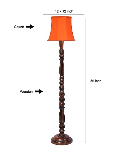 Image of Cylindrical Drum Floor Lamp with Wooden Base - Height 57 Inches, Orange | Modern Standing Lamp for Home, Living Room, Bedroom & Office | Elegant Lighting Decor | Cotton