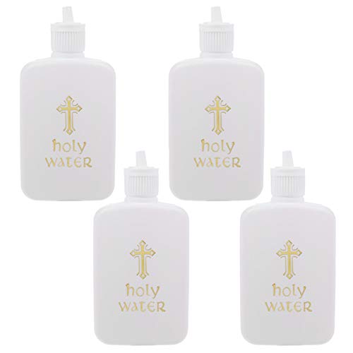 baptism water container - FVVMEED 4 Pieces Easter Holy Water Bottles White Plastic Refillable Liquid Storage Container with Gold Cross Holds Logo for Kids Baptism Christian Religious Easter Party Decorative Bottle, 100ML