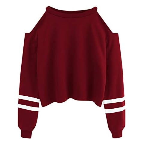 Whycat Off Shoulder Cropped Sweatshirt Women Cold Shoulder Stripe Sleeve Crop Sweatshirts Open Shoulder Crop Tops Cute Girls Plain Pullover Blouse School Casual (Red, 8) Cover