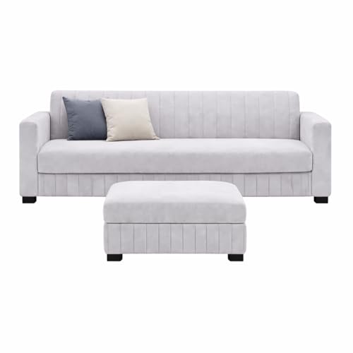 Image of FURNY Almora 4 Seater L Shape Sofa Set with Movable Ottoman | Flexible Left or Right Layout | Plush Velvet Fabric (Light Grey) | Perfect for Living Room, Guest Room & Office