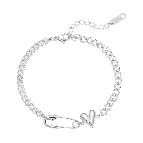 Silver Bracelets for Women Stainless Steel Non Tarnish Gold Cross/Heart Charm Bracelet Dainty Safety Pin Link Chain Bracelets Love Gifts for Women