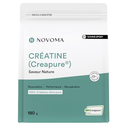 NOVOMA Créatine Monohydrate Creapure®, 100% Poudre Ultra Pure, Performance et Force Musculaire, Saveur Nature, 60 Portions, Sachet 180g, Fabriqué en France
