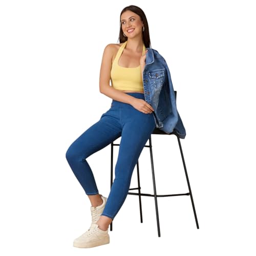 Image of 4FLIES Women's High Waist Slim Fit Jeggings | Super Combed Denim Stretch Ankle-Length Pants with Wide Waistband | Comfortable, Breathable Denim Look Leggings for Casual, & Office Wear