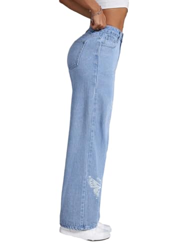 Women's Sparkle Rhinestones Butterfly Wide Leg Jeans High Waisted Trendy Y2K Straight Leg Jeans4