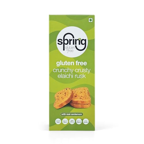 Image of Sprinng Gluten Free Eggless Elaichi Rusk, Pack of 2, (75gm*2), Wheat Free, Rich in Fibre, Pre biotic, No Maida, Vegetarian Snack, Healthy Diet Biscuit for Family, Certified Gluten-Free, Made in Celiac-Safe Facility.