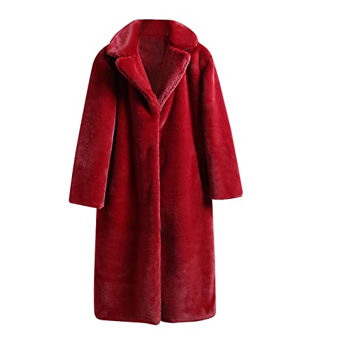 Shopessa Fleece Overcoat Women Turn Down Collar Outerwear Warm Faux Fur Coat Jacket Long Sleeve Fuzzy Loose Coats For Women Red #TOP4