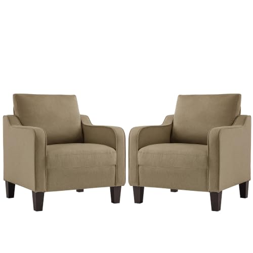 Image of Mid-Century Modern Accent Chairs Set of 2, Living Room Chairs, Comfy Reading Armchair, Upholstered Small Sofa Chair for Bedroom, Office, Brown