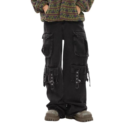 Cargo Jeans for Men Baggy Wide Leg Straight High Waist Y2k Multiple Pockets Trendy Hip Hop Denim Trousers