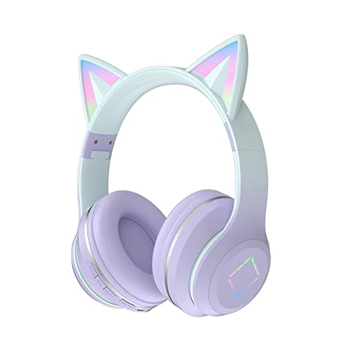 Usoun Kids Headphones Cat Ear Led Light Bluetooth Kids Headphones with Mic Girls Headphone Wireless TF Card 3.5mm Audio Wireless/Wired Foldable Kid On Ear Headphone for Boys Girls Adults (Purple)