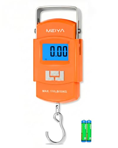 MEIYA Fish Scale 110lb/50kg Digital Fishing Scale with Backlit LCD, Portable Handle, Stainless Steel Hook & 2 AAA Batteries – Great Fishing Gifts for Men, Orange