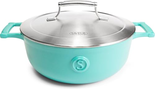 SAVEUR SELECTS Enameled Cast Iron 3-1/2-Quart Saucier with Stainless Steel Lid, Saveur Blue, Voyage Series