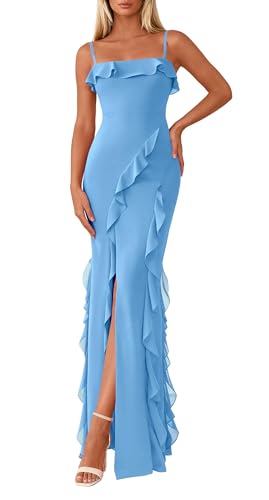 PRETTYGARDEN Women Bodycon Maxi Dress Mesh Ruffle Spaghetti Strap Square Neck Formal Cocktail...