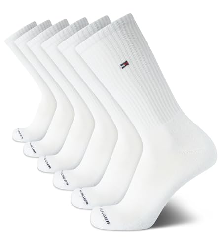 Image of Tommy Hilfiger Mens Crew Socks - 6 Pack Cushioned Stretch Moisture Wicking Athletic Performance Running Socks for Men, Size 7-12, White