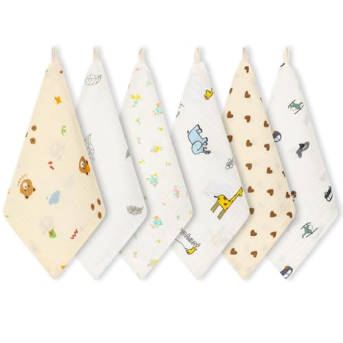 Image of Norinori Baby Muslin Washcloths - Newborn Face Towel & Burp Cloths, 6 Pack Soft Absorbent Natural Cotton Wash Towel, 10"X10" Baby Bath Towels & Wipes