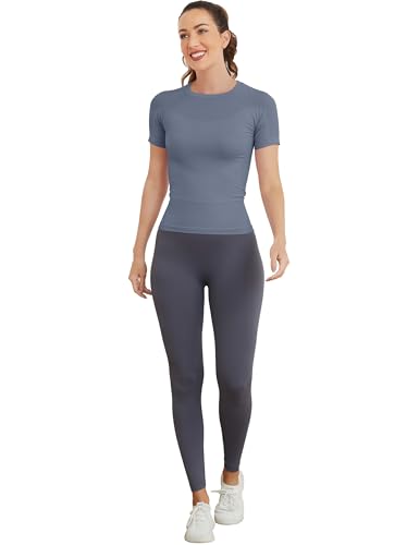Image of MathCat Short Sleeve Workout Tops for Women, Seamless Women's Compression Shirt, Yoga Running Athletic Shirts Soft Gym Tops
