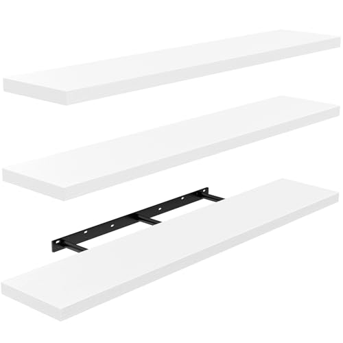 AMADA HOMEFURNISHING 35.4 L Floating Shelves Wall Shelves Set of 3 for Bathroom/Living Room/Bedroom/Kitchen White Floating Shelves for Wall Decor with Invisible Brackets - AMFS45W