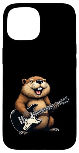 音楽愛好家のためのエレキギターを弾く面白いビーバーデザイン。 スマホケース iPhone 15 用
