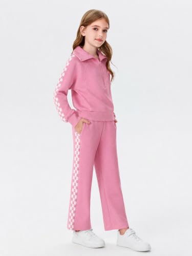 Image of Haloumoning Girls Sweatsuit 2 Piece Zip Long Sleeve Sweat Outfits | Half Zip,Waist drawstring,girls tracksuit