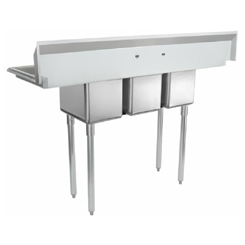 Image of Empura 58 inch Wide Stainless Steel Three Compartment Commercial Sink | Prep Utility 10 x 14 Bowl for Catering Laundry Garage | (2) 12 inch Drainboard, 9.75 inch Backsplash, 58 inchW x 19.5 inchD x 44.25 inchH, 18 Gauge, NSF