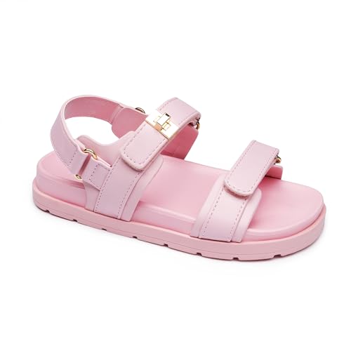 Image of FabKids Girl's Flat Sandals Comfort Adjustable Double Strap Slip on Leather Footbed Sandals for Toddler Little Kid Big Kid