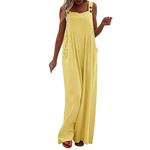Peto Baggy Mujer Casual Cómodos Monopieza Jumpsuit Con Bolsillos Overall Elegante Suave Mono Entero Ligero Sin Mangas Peto Premaman Transpirable Playsuit Pantalones de pierna ancha, amarillo, XXL