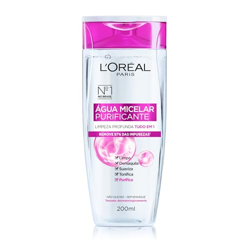 L'Oréal Paris, Água Micelar Solução de Limpeza 5 em 1 Limpa, Demaquila, Purifica, Suaviza e Reequilibra, Cuidado Diário Multifuncional para Todos os Tipos de Peles 200ml