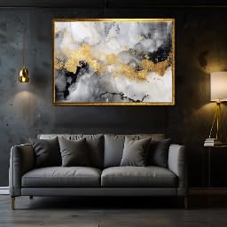 Toile abstraite marbre noir blanc or tableau décoration murale 60x80