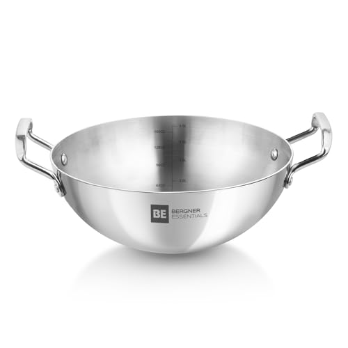 BERGNER BE Essentials TriPly Stainless Steel 30 cm Extra Deep Kadai/Indian Wok, 5 L Kadhai, Even Heat Distribution, Consumes Less Oil, Easy to Clean, Gas Stove Compatible, 5-Year Warranty