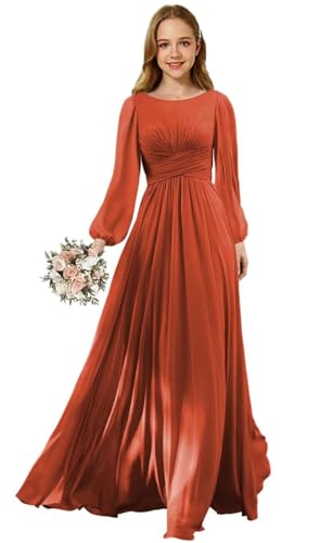 Long Sleeves Junior Bridesmaid Dress Scoop Neck Chiffon Flower Girl Dresses with Ruffles A Line Wedding Party Gown
