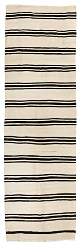 4.4×13.8 Ft Banded Vintage Turkish Runner Kilim in Cream and Black Colors. 100% Wool. Reversible. C1295